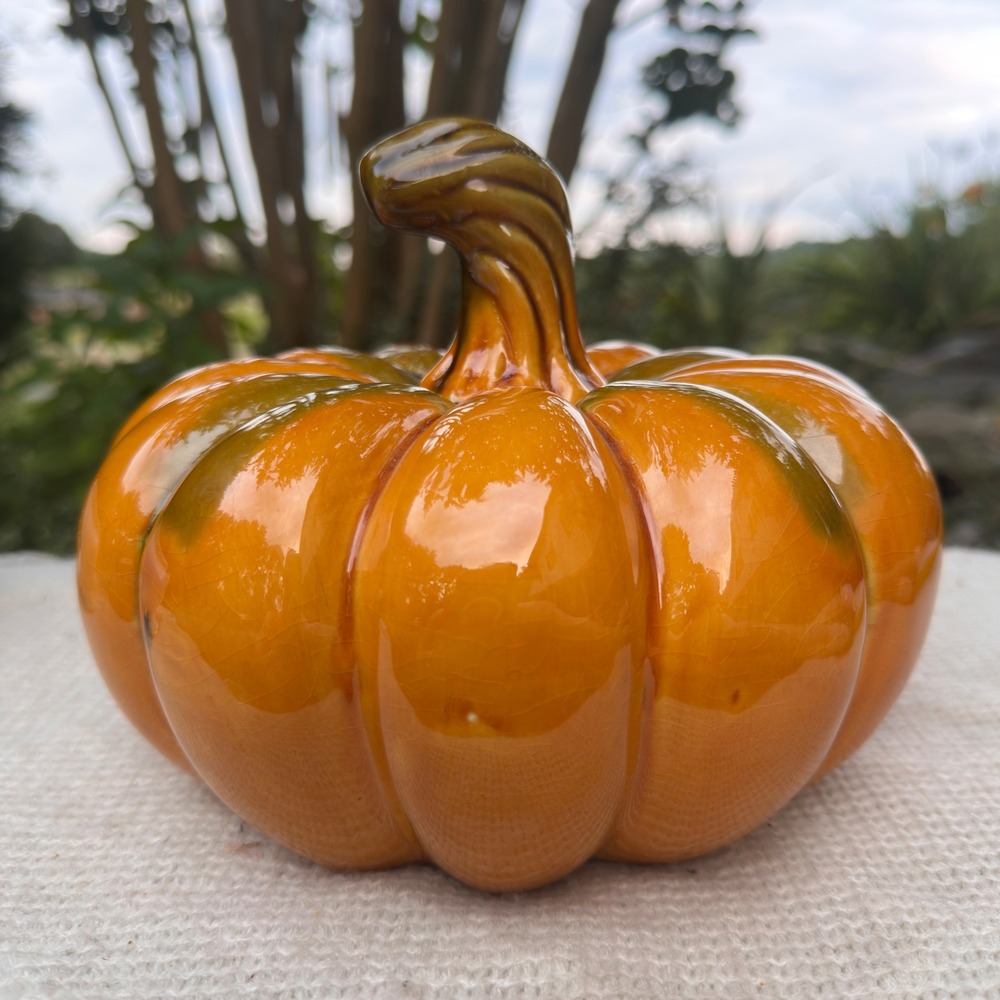 Giftcraft Ceramic Pumpkin Figurine Orange Green Glazed Fall Decor 8in Wide
